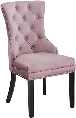 Meridian Furniture Nikki Collection Modern | Contemporary Velvet Upholstered Dining Chair with Wood Legs, Button Tufting, and Chrome Nailhead Trim, Set of 2, 23" W x 23" D x 40" H, Pink