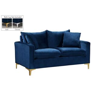 meridian furniture naomi collection modern | contemporary velvet upholstered loveseat with stainless steel base in a rich gold or chrome finish, navy