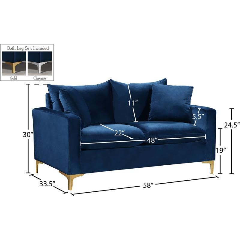 Meridian Furniture Naomi Collection Modern | Contemporary Velvet Upholstered Loveseat with Stainless Steel Base in a Rich Gold or Chrome Finish, Navy