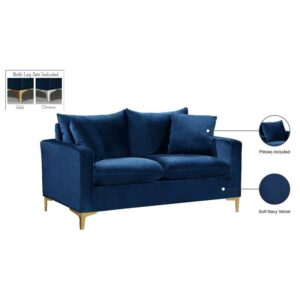 Meridian Furniture Naomi Collection Modern | Contemporary Velvet Upholstered Loveseat with Stainless Steel Base in a Rich Gold or Chrome Finish, Navy