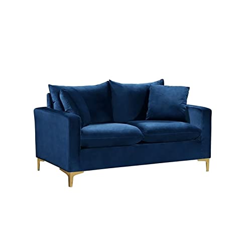 Meridian Furniture Naomi Collection Modern | Contemporary Velvet Upholstered Loveseat with Stainless Steel Base in a Rich Gold or Chrome Finish, Navy