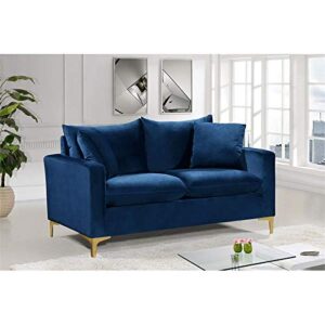 Meridian Furniture Naomi Collection Modern | Contemporary Velvet Upholstered Loveseat with Stainless Steel Base in a Rich Gold or Chrome Finish, Navy