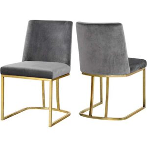 meridian furniture heidi collection modern | contemporary velvet upholstered dining chair with polished gold metal frame, set of 2, 19" w x 23" d x 32" h, grey