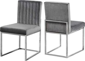 meridian furniture giselle collection modern | contemporary velvet upholstered dining chair with durable metal base, set of 2, 18" w x 22" d x 32" h, grey
