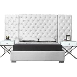 meridian furniture grande collection modern | contemporary velvet upholstered bed with luxurious deep button tufting and stainless steel legs in polished chrome finish, white, king