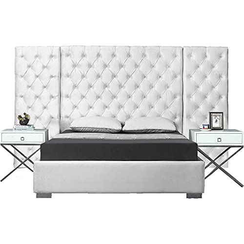 Meridian Furniture Grande Collection Modern | Contemporary Velvet Upholstered Bed with Luxurious Deep Button Tufting and Stainless Steel Legs in Polished Chrome Finish, White, King
