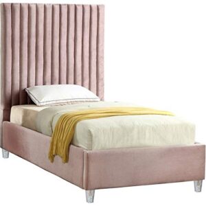 meridian furniture candace collection modern | contemporary velvet upholstered bed with deep channel tufting and custom acrylic legs, pink, twin