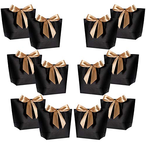 WantGor Gift Bags with Handles 10x7.5x3inch Paper Party Favor Bag Bulk with Bow Ribbon for Birthday Wedding/Bridesmaid Celebration Present Classrooms Holiday(Matte Black, Medium- 12 Pack)