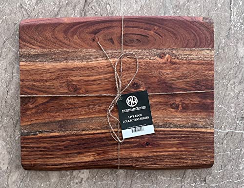 Mountain Woods Brown Hand Crafted Live Edge Acacia Wood Cutting Board/Serving Tray | Butcher Block | Charcuterie Board | Chopping Board for Vegetables, Fruits and Meat - 15" x 12" x 0.75"