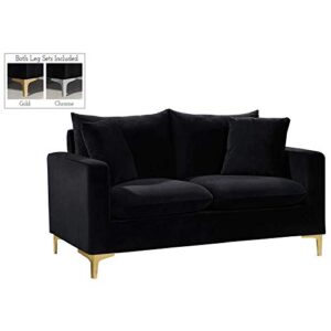 meridian furniture naomi collection loveseat with stainless modern | contemporary velvet upholstered stainless steel base in a rich gold or chrome finish, black