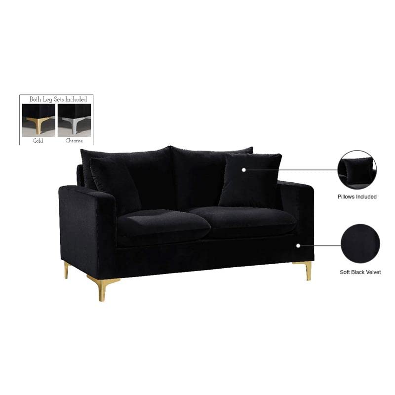 Meridian Furniture Naomi Collection Loveseat With Stainless Modern | Contemporary Velvet Upholstered Stainless Steel Base in a Rich Gold or Chrome Finish, Black