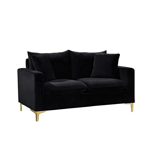 Meridian Furniture Naomi Collection Loveseat With Stainless Modern | Contemporary Velvet Upholstered Stainless Steel Base in a Rich Gold or Chrome Finish, Black