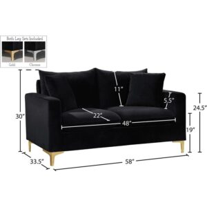 Meridian Furniture Naomi Collection Loveseat With Stainless Modern | Contemporary Velvet Upholstered Stainless Steel Base in a Rich Gold or Chrome Finish, Black