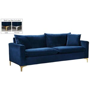 meridian furniture naomi collection stainless 1 modern | contemporary velvet upholstered sofa with stainless steel base in a rich gold or chrome finish, navy