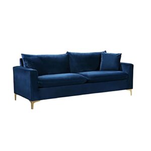 Meridian Furniture Naomi Collection Stainless 1 Modern | Contemporary Velvet Upholstered Sofa with Stainless Steel Base in a Rich Gold or Chrome Finish, Navy