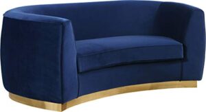 meridian furniture julian collection modern | contemporary velvet upholstered loveseat with stainless steel base in rich gold finish, navy, 70"l x 34"d x 28"h