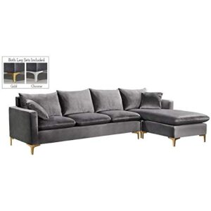 meridian furniture naomi collection modern | contemporary velvet upholstered reversible sectional with rich gold or chrome legs, grey