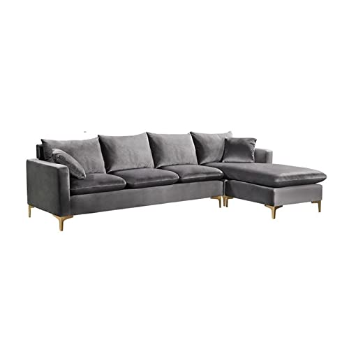 Meridian Furniture Naomi Collection Modern | Contemporary Velvet Upholstered REVERSIBLE Sectional with Rich Gold or Chrome Legs, Grey