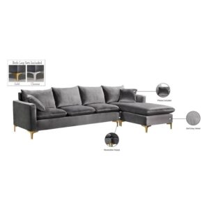 Meridian Furniture Naomi Collection Modern | Contemporary Velvet Upholstered REVERSIBLE Sectional with Rich Gold or Chrome Legs, Grey