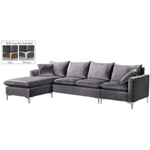 Meridian Furniture Naomi Collection Modern | Contemporary Velvet Upholstered REVERSIBLE Sectional with Rich Gold or Chrome Legs, Grey