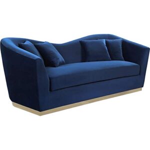 meridian furniture arabella collection modern | contemporary velvet upholstered sofa with rich gold stainless steel base, navy, 90" w x 35" d x 32.5" h