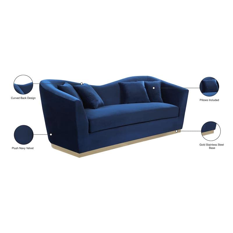 Meridian Furniture Arabella Collection Modern | Contemporary Velvet Upholstered Sofa with Rich Gold Stainless Steel Base, Navy, 90" W x 35" D x 32.5" H