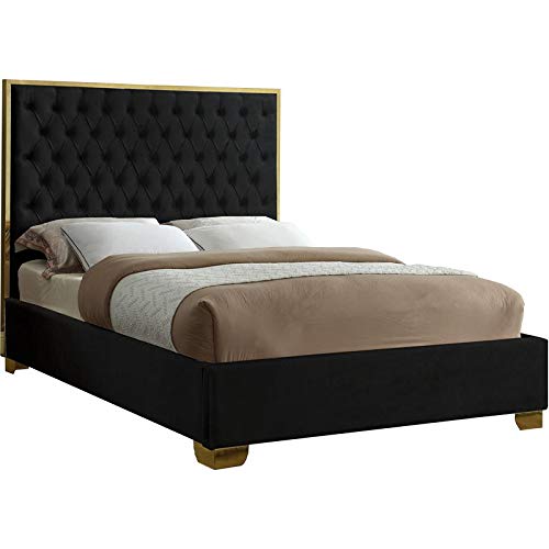 Meridian Furniture Lana Collection Modern | Contemporary Velvet Upholstered Bed with Deep Detailed Tufting and Gold Legs, Queen, Black