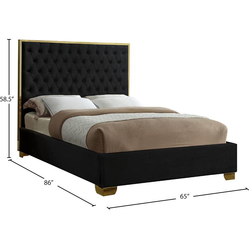 Meridian Furniture Lana Collection Modern | Contemporary Velvet Upholstered Bed with Deep Detailed Tufting and Gold Legs, Queen, Black