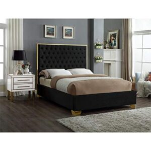 Meridian Furniture Lana Collection Modern | Contemporary Velvet Upholstered Bed with Deep Detailed Tufting and Gold Legs, Queen, Black