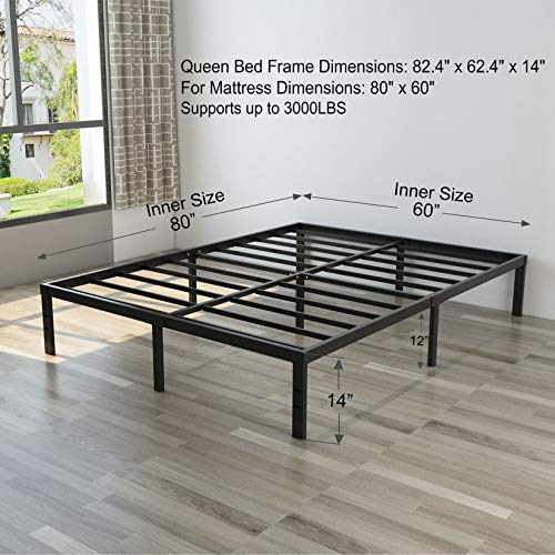 NOAH MEGATRON Heavy Duty Queen Platform Bed Frame, Slatted Bed Base 14 Inch Mattress Foundation Bed Frame,12 Inch Under-Bed Storage,No Box Spring Needed (Queen)