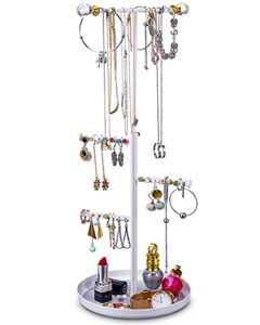 keebofly jewelry tree stand organizer - metal necklace organizer display with adjustable height for necklaces bracelet earrings and ring white