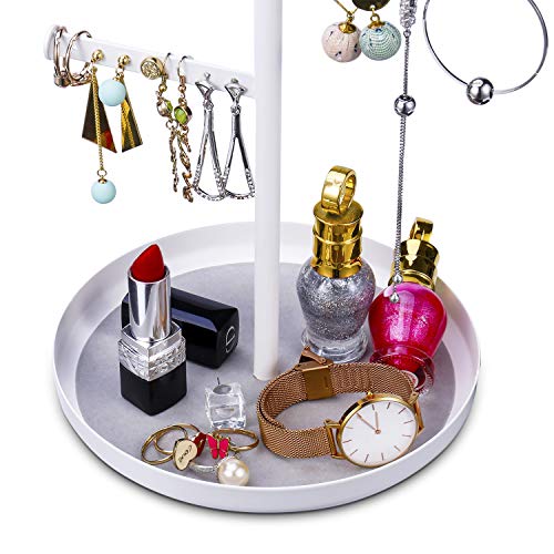 Keebofly Jewelry Tree Stand Organizer - Metal Necklace Organizer Display with Adjustable Height for Necklaces Bracelet Earrings and Ring White