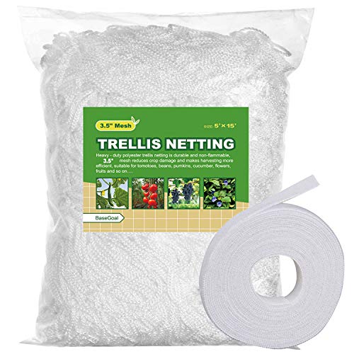 BaseGoal All-Weather Trellis Netting Mesh Plant Garden Vine Growing Flexible String Net (3.5" Mesh ployester, 5' Wx 15'L)