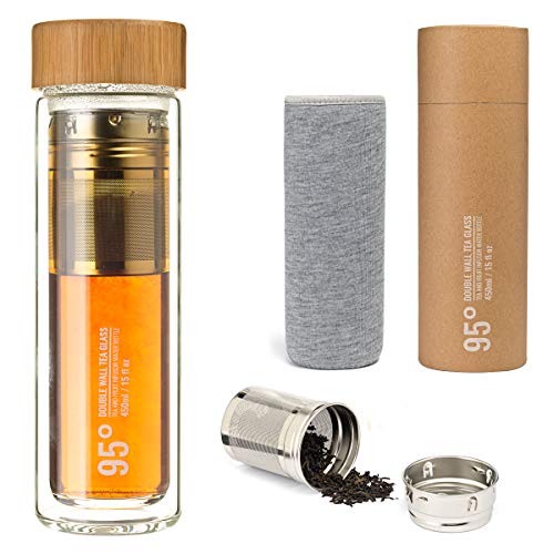 95° Double-Wall Glass Tea Bottle with Removable Stainless Steel Infuser - BPA and BPS Free, Insulated and Leakproof Travel Tumbler for Loose Leaf Tea, Coffee, Fruit - Eco-Friendly (15oz/450ml)