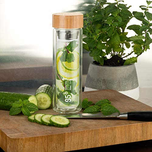 95° Double-Wall Glass Tea Bottle with Removable Stainless Steel Infuser - BPA and BPS Free, Insulated and Leakproof Travel Tumbler for Loose Leaf Tea, Coffee, Fruit - Eco-Friendly (15oz/450ml)