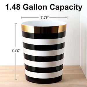 Allure Home Creation Derby Wastebasket, Black and White with Gold Accent, Lightweight Plastic, Compact Size 1.48 Gallon