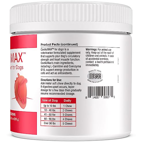 CardioMAX Heart Support Supplement for Dogs - L-Taurine, L-Carnitine, EPA and DHA, Coenzyme Q10 - Aids Circulatory Strength, Cardiovascular Support, Heart Muscle Function - Made in USA - 60 Soft Chews