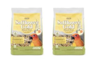 higgins 2 pack safflower gold natural conure & cockatiel food. 3 lbs. ea safflower gold natural conure & cockatiel food. 2 bags 6 pounds total.