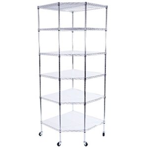 kchex 6-tier nsf corner shelving/w wheels, 28" d x 28" w x 72" h heavy duty wire steel shelf garage storage shelving rack chrome