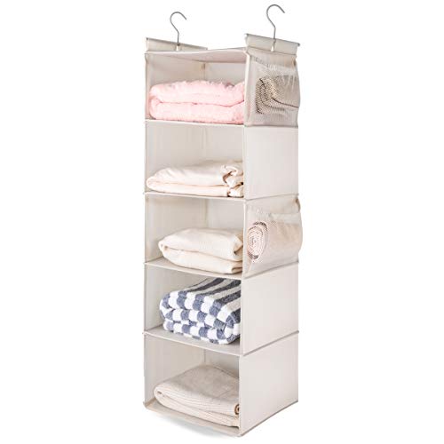 MAX Houser 5 Shelf Hanging Closet Organizer, Space Saver, Cloth Hanging Shelves with 4 Side Pockets, Foldable, Beige