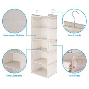 MAX Houser 5 Shelf Hanging Closet Organizer, Space Saver, Cloth Hanging Shelves with 4 Side Pockets, Foldable, Beige