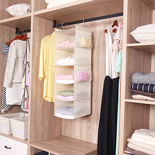 MAX Houser 5 Shelf Hanging Closet Organizer, Space Saver, Cloth Hanging Shelves with 4 Side Pockets, Foldable, Beige