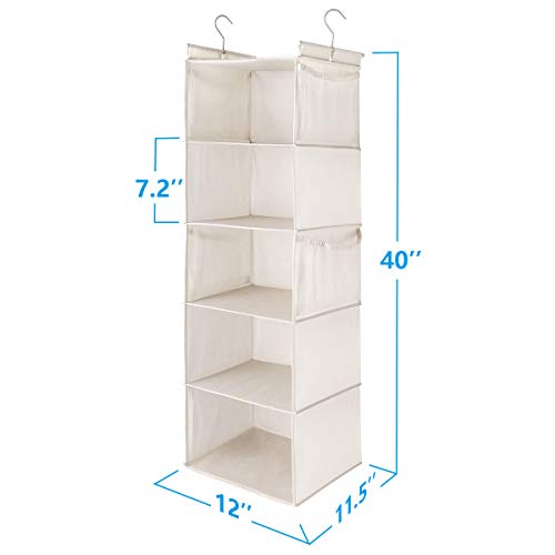 MAX Houser 5 Shelf Hanging Closet Organizer, Space Saver, Cloth Hanging Shelves with 4 Side Pockets, Foldable, Beige