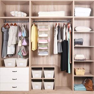 MAX Houser 5 Shelf Hanging Closet Organizer, Space Saver, Cloth Hanging Shelves with 4 Side Pockets, Foldable, Beige