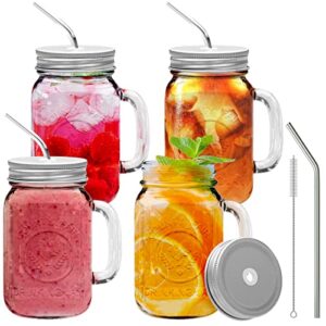 brimley 16oz Glass Mason Jar with Lid and Straw Set of 4 - Mason Jars with Handle for Cold Drinks - Glass Mason Jars with Metal Mason Jar Lids with Straw Hole and Stainless Steel Straws