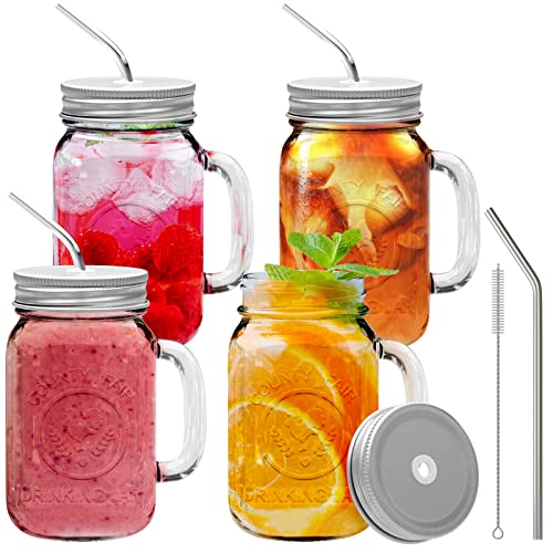 brimley 16oz Glass Mason Jar with Lid and Straw Set of 4 - Mason Jars with Handle for Cold Drinks - Glass Mason Jars with Metal Mason Jar Lids with Straw Hole and Stainless Steel Straws