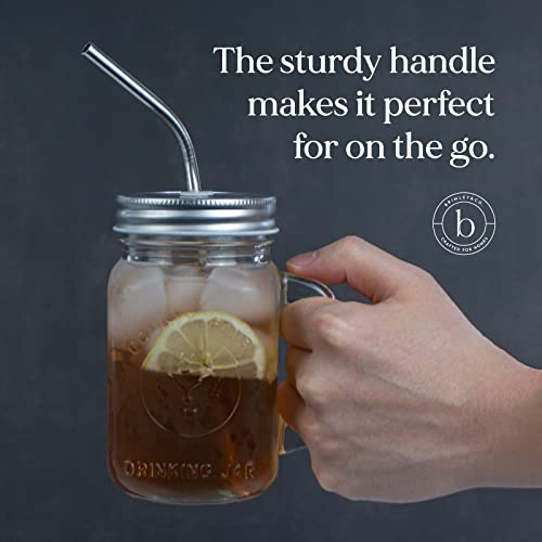 brimley 16oz Glass Mason Jar with Lid and Straw Set of 4 - Mason Jars with Handle for Cold Drinks - Glass Mason Jars with Metal Mason Jar Lids with Straw Hole and Stainless Steel Straws