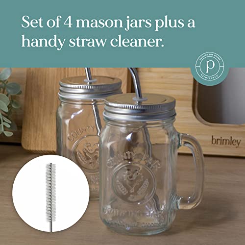 brimley 16oz Glass Mason Jar with Lid and Straw Set of 4 - Mason Jars with Handle for Cold Drinks - Glass Mason Jars with Metal Mason Jar Lids with Straw Hole and Stainless Steel Straws