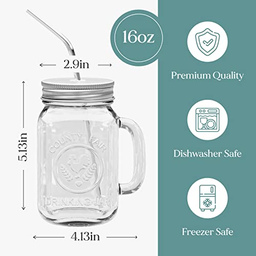 brimley 16oz Glass Mason Jar with Lid and Straw Set of 4 - Mason Jars with Handle for Cold Drinks - Glass Mason Jars with Metal Mason Jar Lids with Straw Hole and Stainless Steel Straws