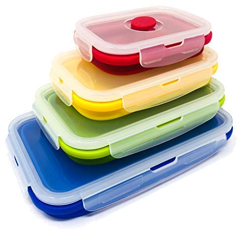 Set of 4 Collapsible Silicone Food Storage Container, Leftover Meal box For Kitchen, Bento Lunch Boxes, BPA Free, Microwave, Dishwasher and Freezer Safe. Foldable Design Saves Your Space.